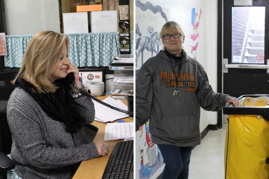 Sally Hepner, Wests student services administrative assistant, makes a phone call during the school day and custodian Elenor Rogan cleans up East Campus after school. Hepner and Rogan were MCHSs staff members of the month for September. 