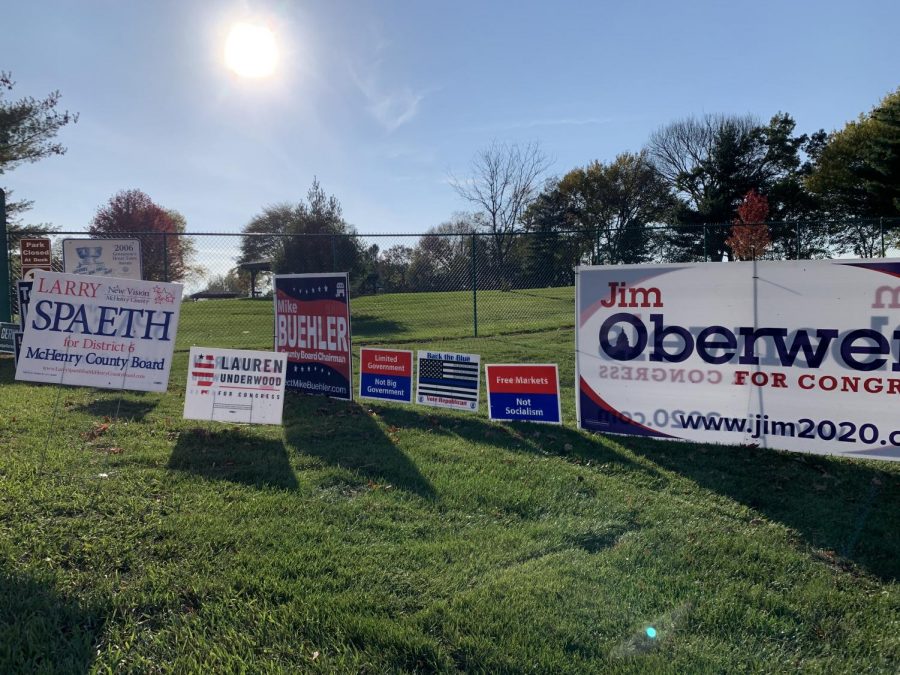 Signs for local Illinois elections advertise candidates for senate, county board, and other national causes. First time voters around the country cast their ballots in this historical election on November 3.