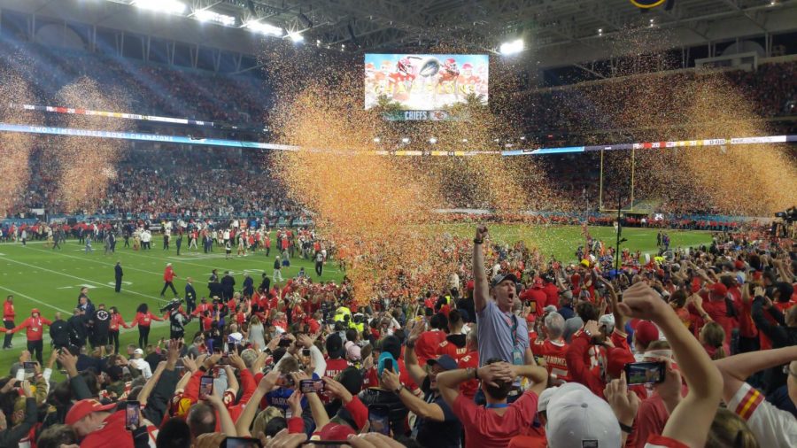 The Super Bowl LV crowd engages in after-game celebration after the Chiefs win on February 7.