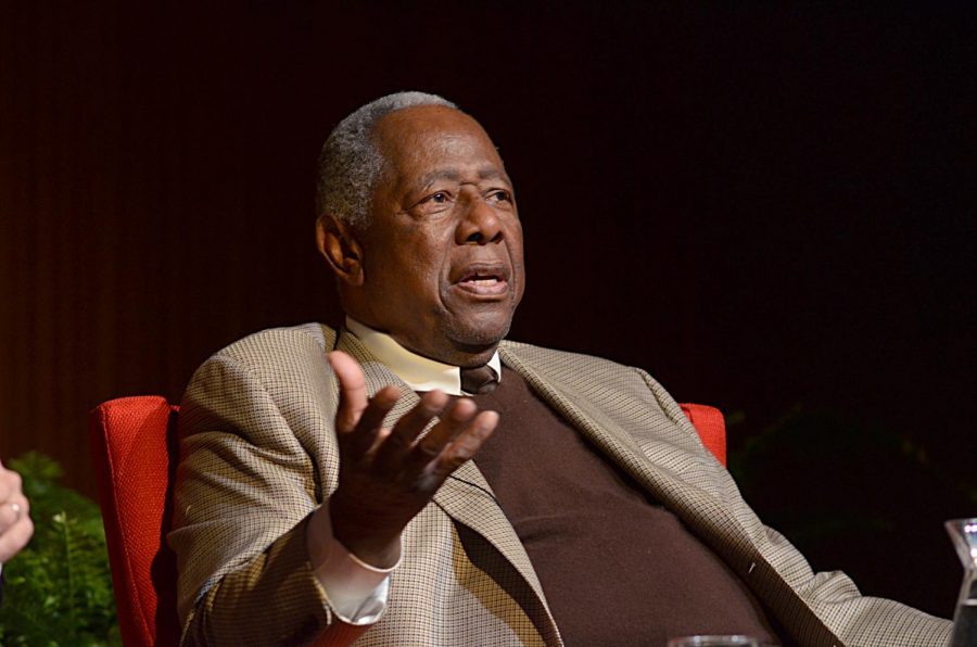 Baseball legend Hank Aaron speaks during the Tom Johnson Lecture Series at the LBJ Presidential Library on January 22, 2015. Aaron died on January 22.