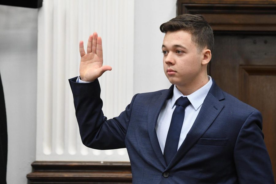 Kyle Rittenhouse is sworn in to testify during his trial at the Kenosha County Courthouse on Nov. 10, 2021, in Kenosha, Wisconsin.