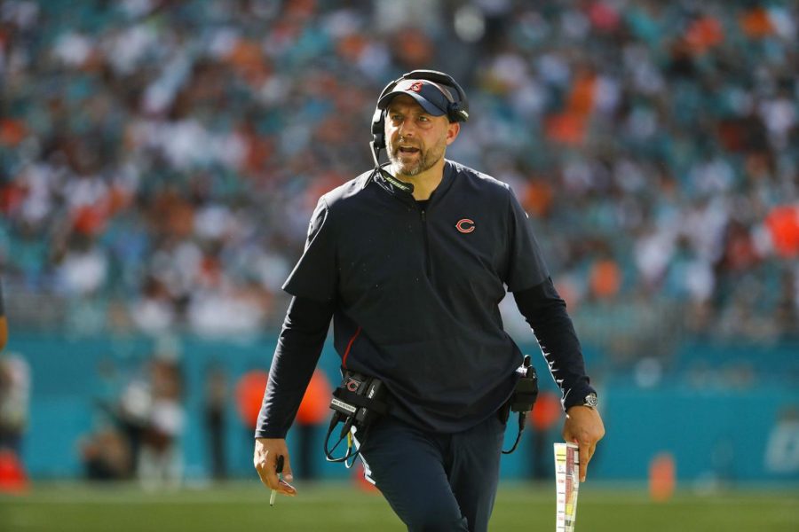 Chicago Bears coach Matt Nagy yells at an official in the fourth quarter against the Dolphins at Hard Rock Stadium in Miami Gardens, Florida on Oct. 14, 2018.
