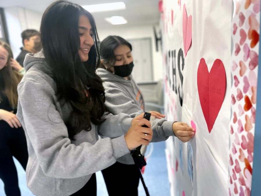 Students from Freshmen Student Council decorate a bulletin board advertising the group's Crush pop sale starting Feb. 8 during lunch.