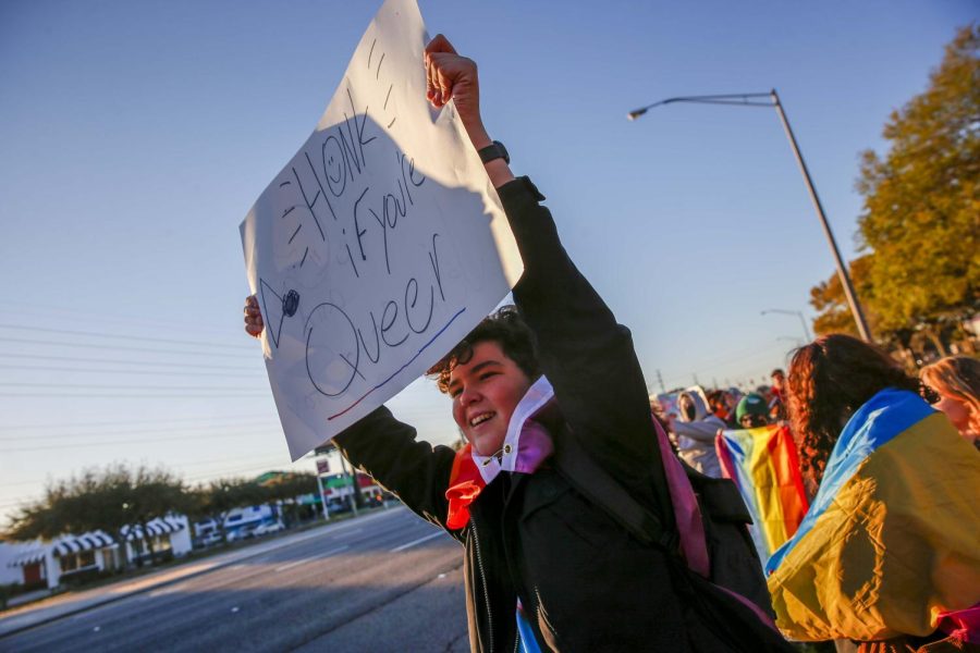 Moses May, 14, leads a student protest at Gaither High in Tampa, Florida, against what critics call the Dont Say Gay bills, on Monday, Feb. 14, 2022.