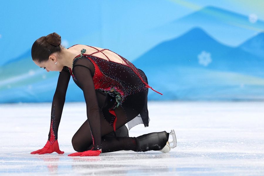 Kamila Valieva of Team ROC falls during the womens free skate during the Beijing 2022 Winter Olympic Games at Capital Indoor Stadium on Feb. 17, 2022, in Beijing.