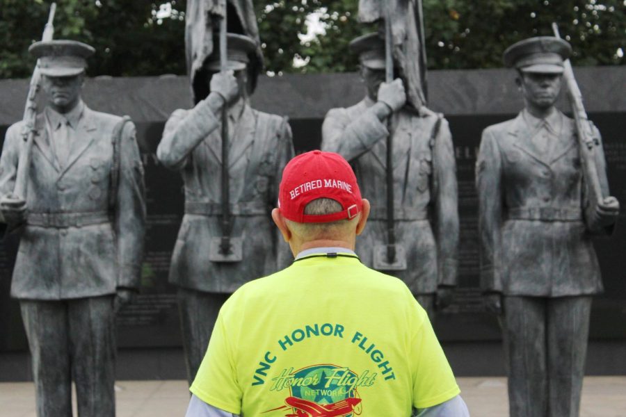 A retired Marine traveling with Veterans Honor Flight takes a moment to ponder the United States Air Force Memorial in Washington, D.C. on Aug. 25.  