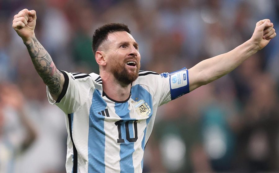Lionel Messi of Argentina celebrates scoring their teams third goal past Hugo Lloris of France during the FIFA World Cup Qatar 2022 Final match between Argentina and France at Lusail Stadium on December 18, 2022, in Lusail City, Qatar.