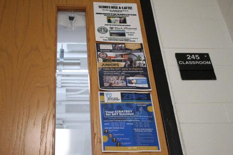 The door of the College and Career Center at the Upper Campus advertises a variety of opportunities for juniors who are preparing to take the SAT this spring.
