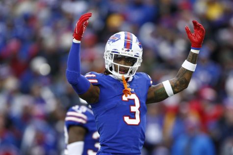 Damar Hamlin of the Buffalo Bills gestures towards the crowd during the third quarter against the Minnesota Vikings at Highmark Stadium on Nov. 13, 2022, in Orchard Park, N.Y. 