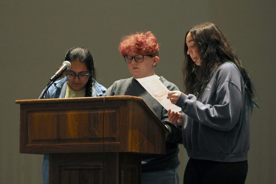Sophomores read during the Celebration of Words on Feb. 6 in the Upper Campus auditorium as part of Writers Week.