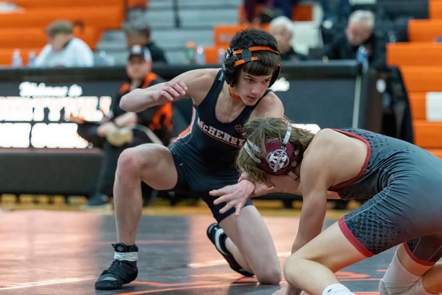 Sophomore Ryan Hanson wrestles during a meet at Libertyville High School on Nov. 23. Hanson is one of four wrestlers who are headed to the IHSA State Wrestling Tournament.