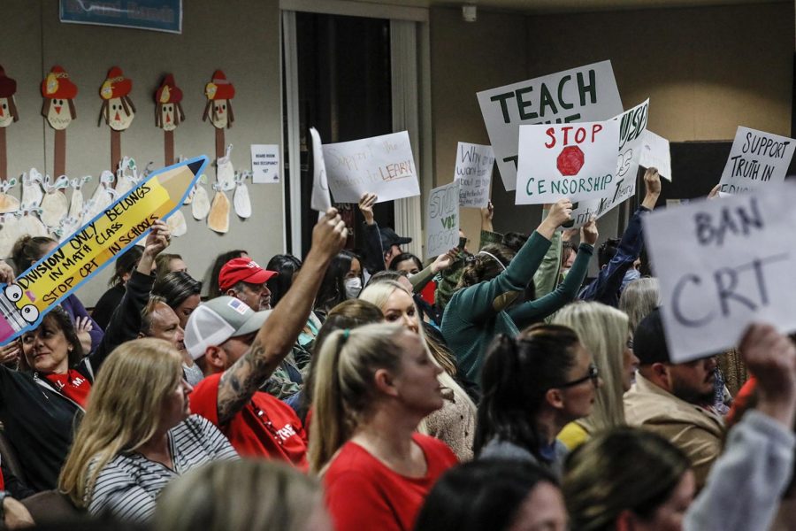 Parents debate “critical race theory” at a meeting of the Placentia-Yorba Linda school board in 2021. Since COVID, parents have insisted on more rights over their childrens' public education, and school board meeting have been the battleground.