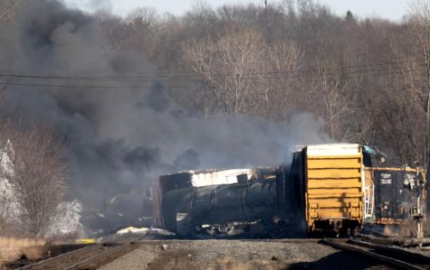 Smoke rises from a derailed cargo train in East Palestine, Ohio, on Feb. 4, 2023.