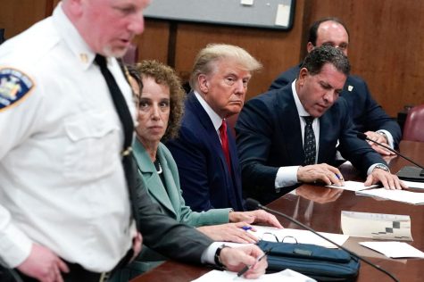 Former U.S. president Donald Trump appears in court at the Manhattan Criminal Court in New York on Tuesday, April 4, 2023.