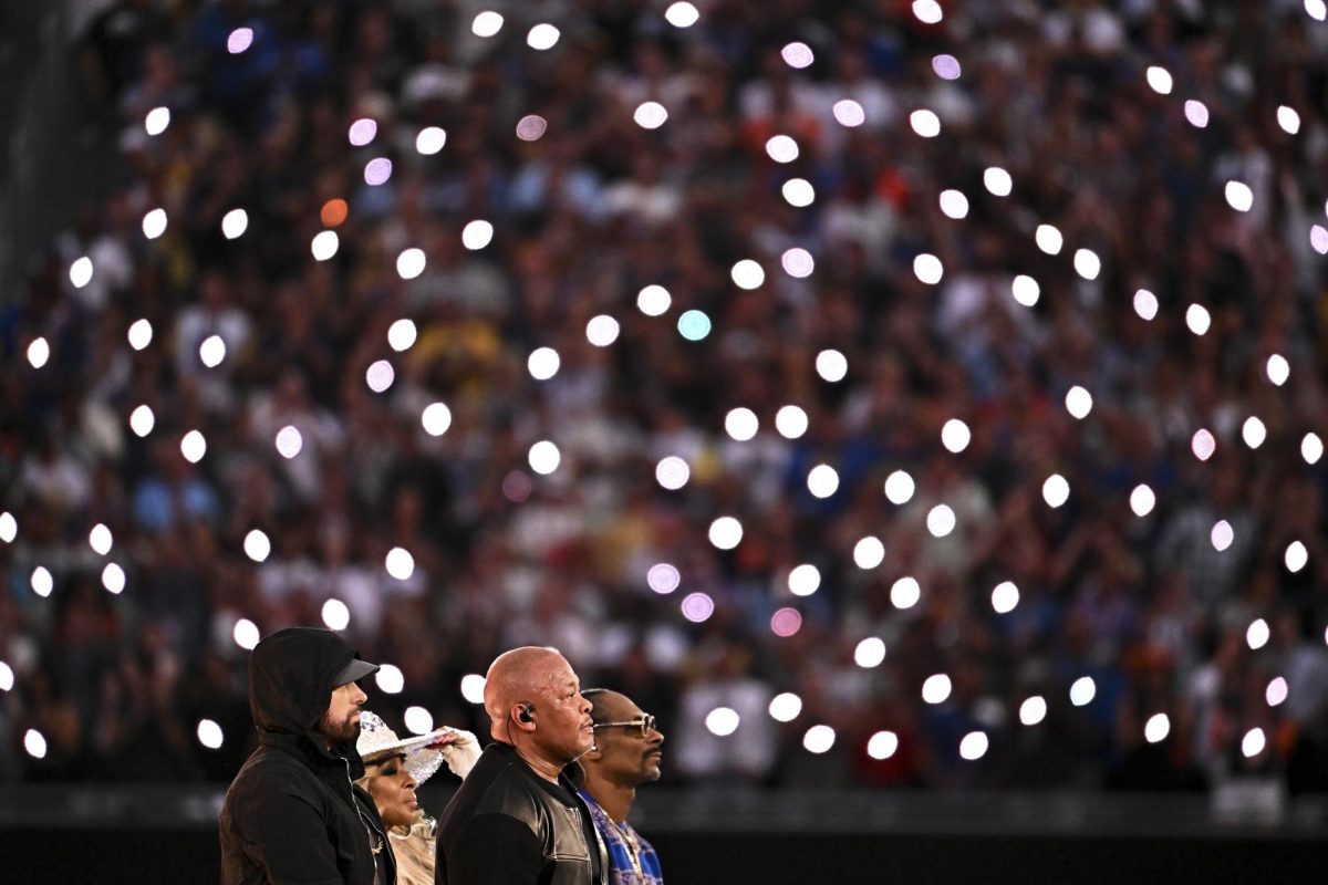 From left, Eminem, Mary J. Blige, Dr. Dre and Snoop Dogg perform during halftime of Super Bowl LVI at SoFi Stadium on Feb. 13 2022, in Inglewood, California.