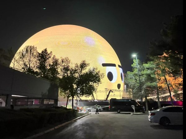 The Sphere’s exterior projects a variety of images nightly, such as this emoji.
