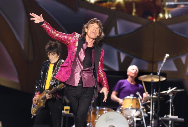 The Rolling Stones Ronnie Wood, left, Mick Jagger, center, and Charlie Watts perform on Friday, June 12, 2015, at the Citrus Bowl in Orlando, Fla.