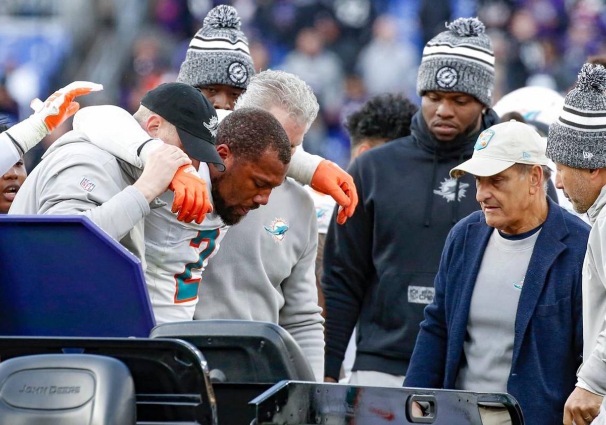 Miami Dolphins linebacker Bradley Chubb (2) is assisted onto a cart after an injury during the game against the Baltimore Ravens in the fourth quarter at M&T Bank Stadium in Baltimore on Sunday, Dec. 31, 2023.