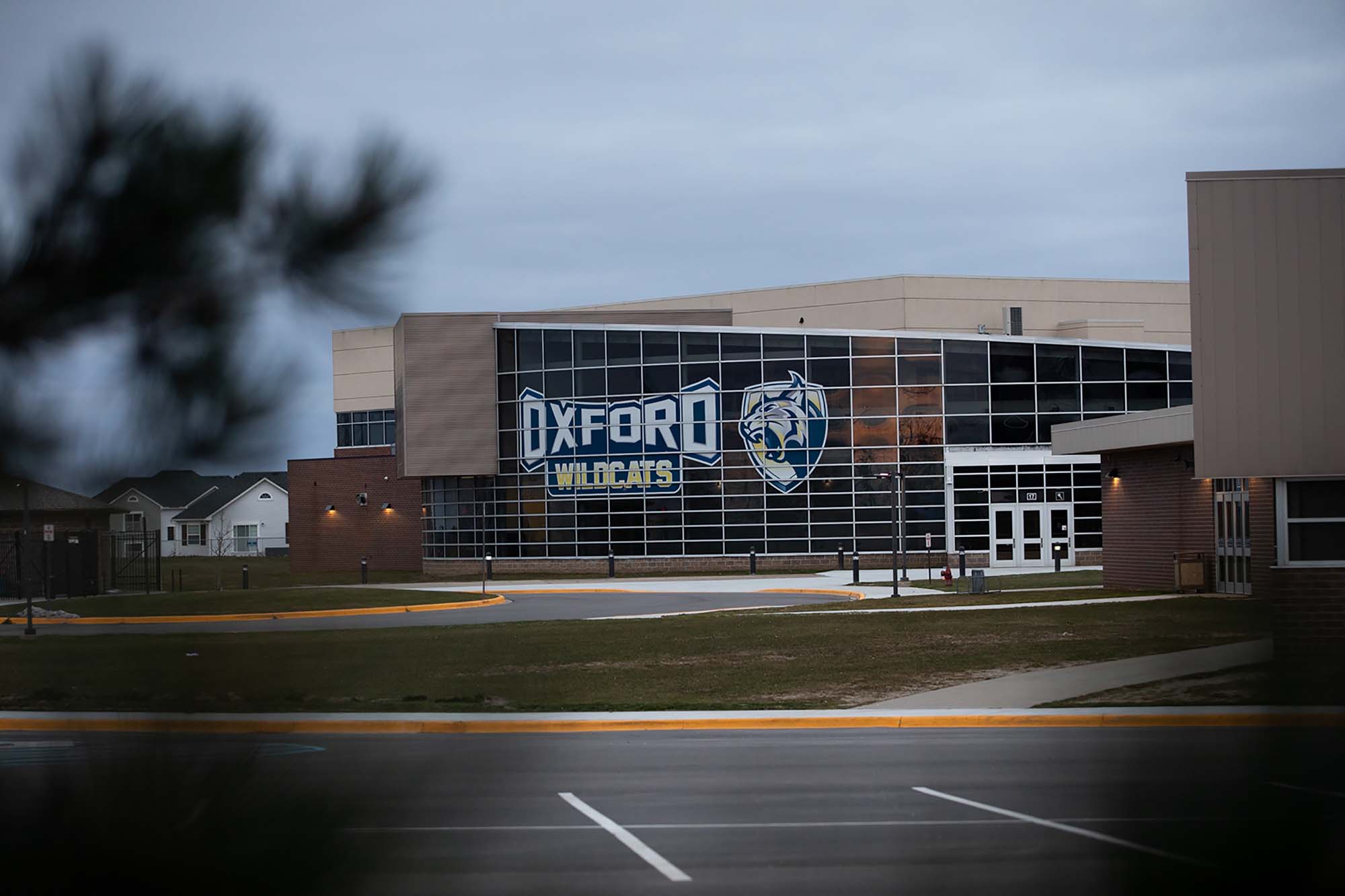An exterior view of Oxford High School on Dec. 7, 2021, in Oxford, Michigan, where four students were killed and seven others injured a week before after student Ethan Crumbley allegedly opened fire with a pistol at the school.