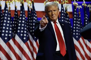 Republican presidential nominee former President Donald Trump arrives to speak during an election night event at the Palm Beach Convention Center on Nov. 6, 2024, in West Palm Beach, Florida.