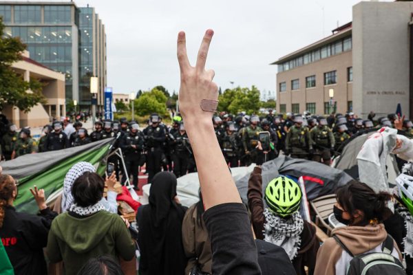 Scores of law enforcement personnel from various agencies gather at UC Irvine to displace hundreds of demonstrating students, faculty and supporters protesting the treatment of Palestinians and the UC system's investments in Isreali interests, On May 15, 2924. 