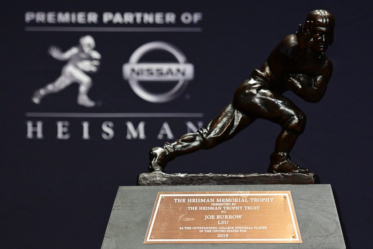 A view of the Heisman Memorial Trophy won by LSU quarterback Joe Burrow at the Marriott Marquis Hotel in New York on Saturday, Dec. 14, 2019. (Brian Ciancio/TNS)