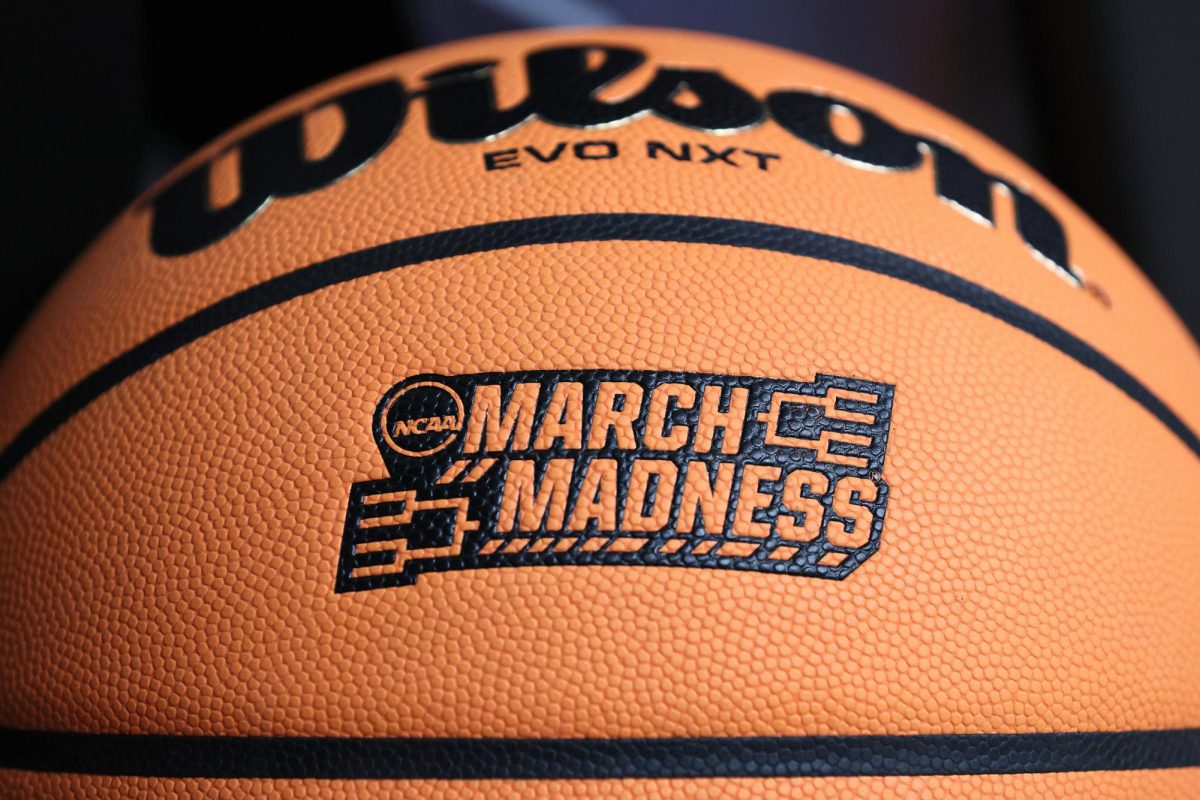 A detail view of the March Madness logo on a basketball prior to the first round game of the NCAA Men's Basketball Tournament between the USC Trojans and the Michigan State Spartans at Nationwide Arena on March 17, 2023, in Columbus, Ohio.