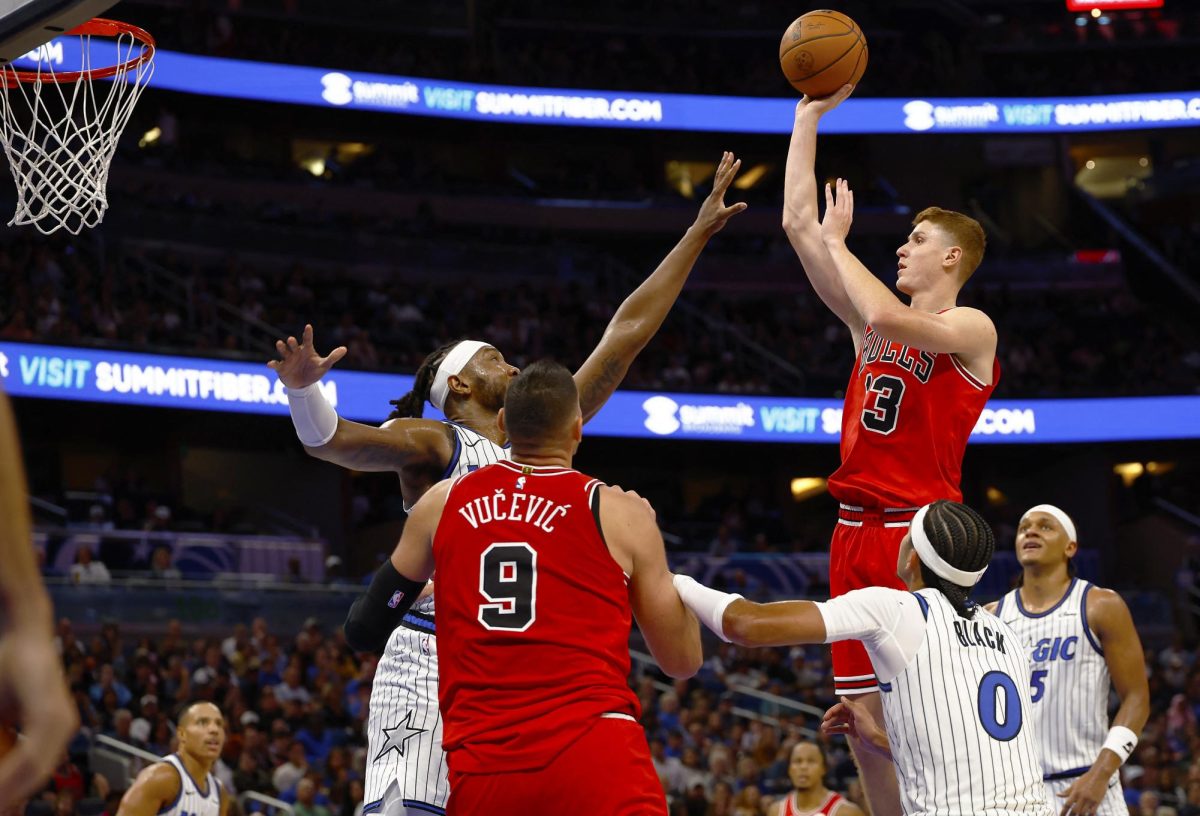 Oct 25, 2025; Orlando, Florida, USA;  Chicago Bulls guard Kevin Huerter (13) takes a shot in the second half against the Orlando Magic at Kia Center. Mandatory Credit: Russell Lansford-Imagn Images