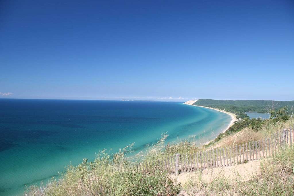A view from Lake Michigan and South Bar Lake from the Overlook at the end of the Empire Bluff Trail