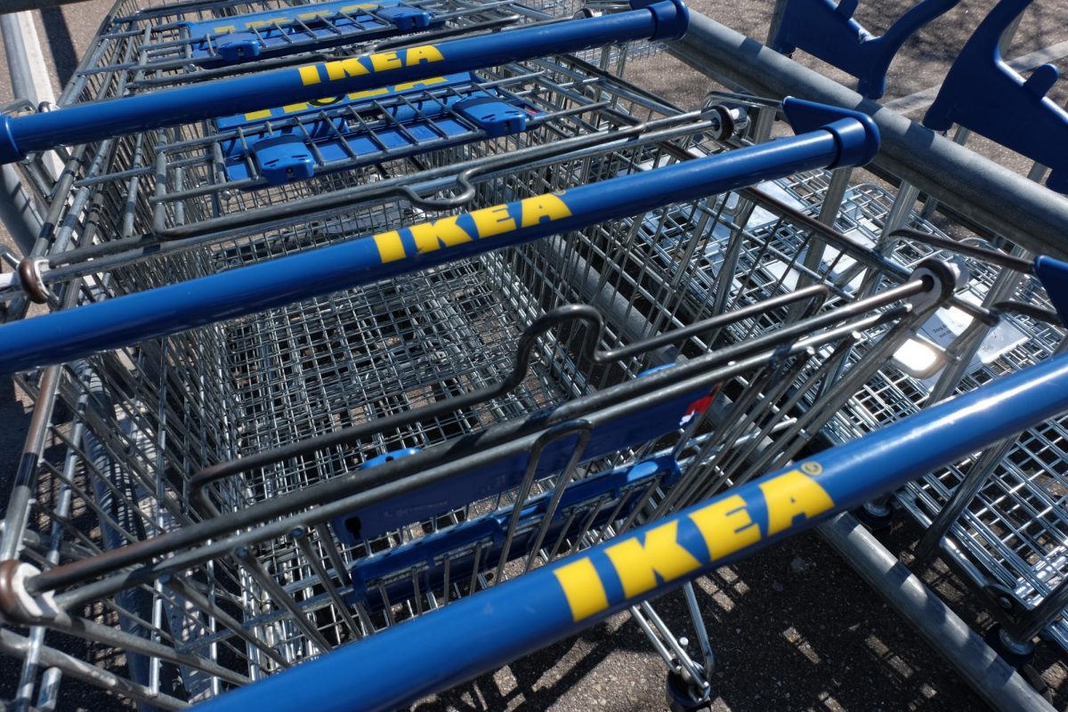 A bunch of shopping carts located at an IKEA, awaiting for customers to shop.