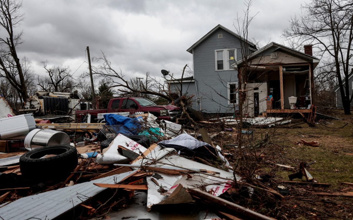 A home is damaged following storms and tornado warnings in Three Rivers, Michigan, U.S., March 7, 2026. 