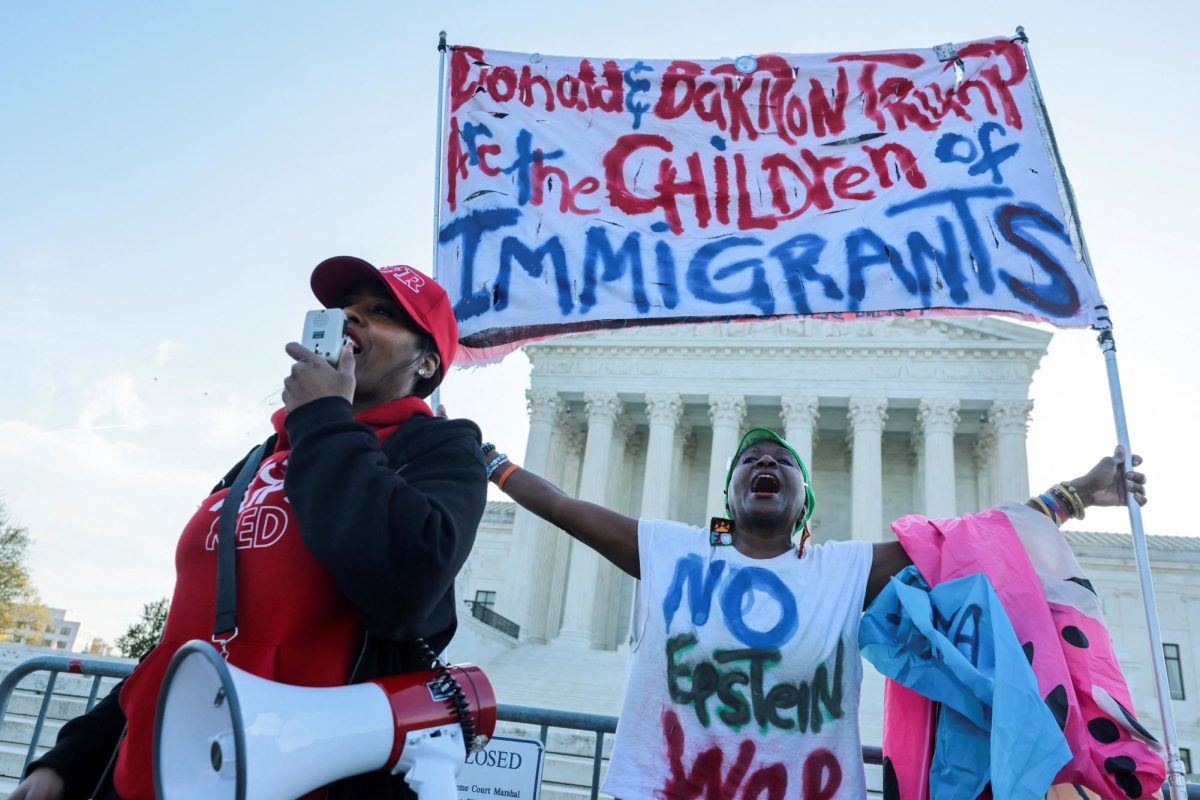 Demonstrators gather outside the U.S. Supreme Court building on the day the court is expected to hear oral arguments on the legality of the Trump administration's effort to limit birthright citizenship for the children of immigrants, in Washington, D.C., U.S., April 1, 2026. REUTERS/Jonathan Ernst
