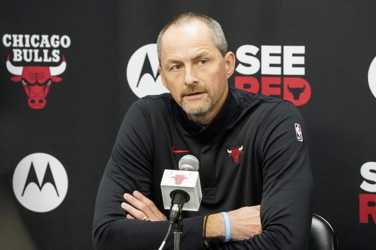 Sep 29, 2025; Chicago, IL, USA; Chicago Bulls Arturas Karnisovas, executive vice president of basketball operations talks to the press on Media Day. David Banks-Imagn Images